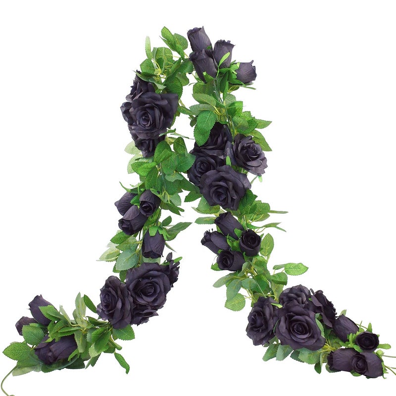 Etistta 2 PCS 6.5 Ft. Artificial Black Rose Vine for Halloween Decor, Hanging Black Silk Flower Garland for Outdoor Home Wall Decorations - Image 1